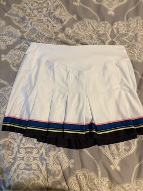 Lucky in Love White Pleated Women’s Tennis Skirt with Color-Stripe Hem